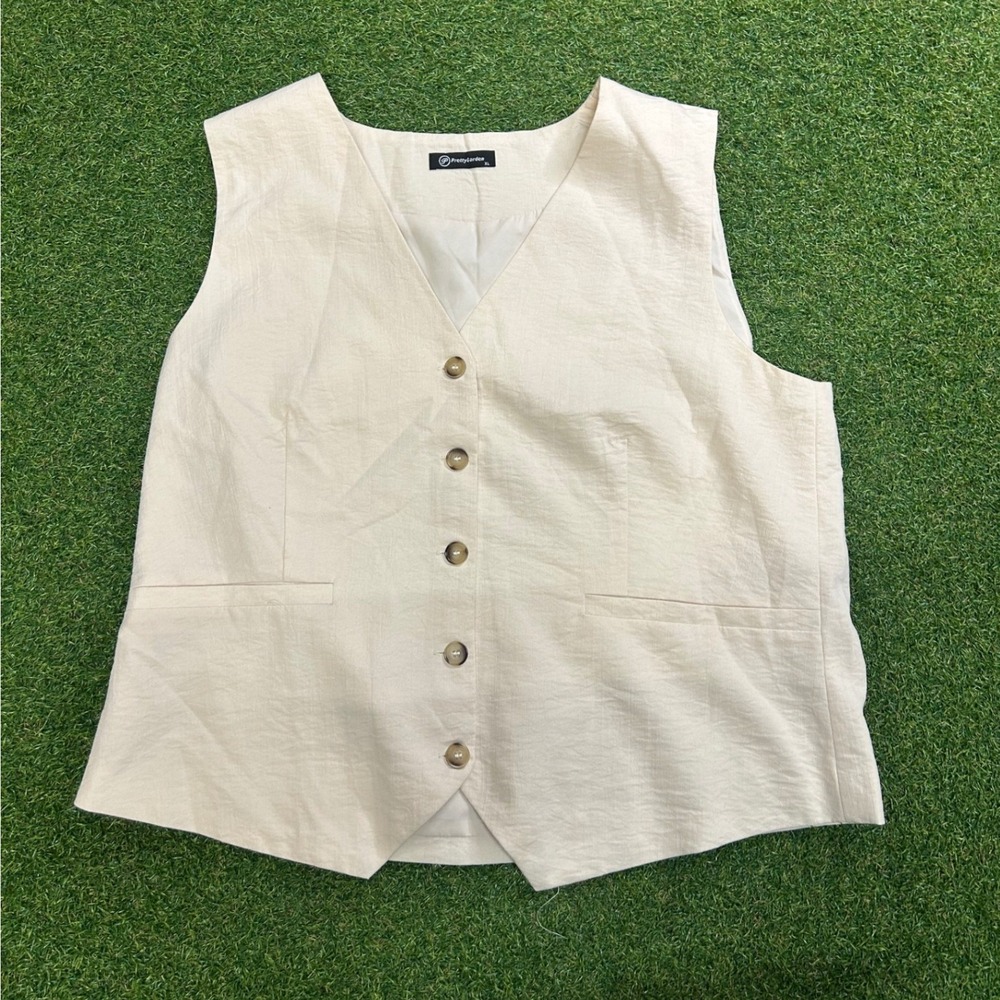 PrettyGarden Cream Beige Button Front V-Neck Waistcoat Vest XL